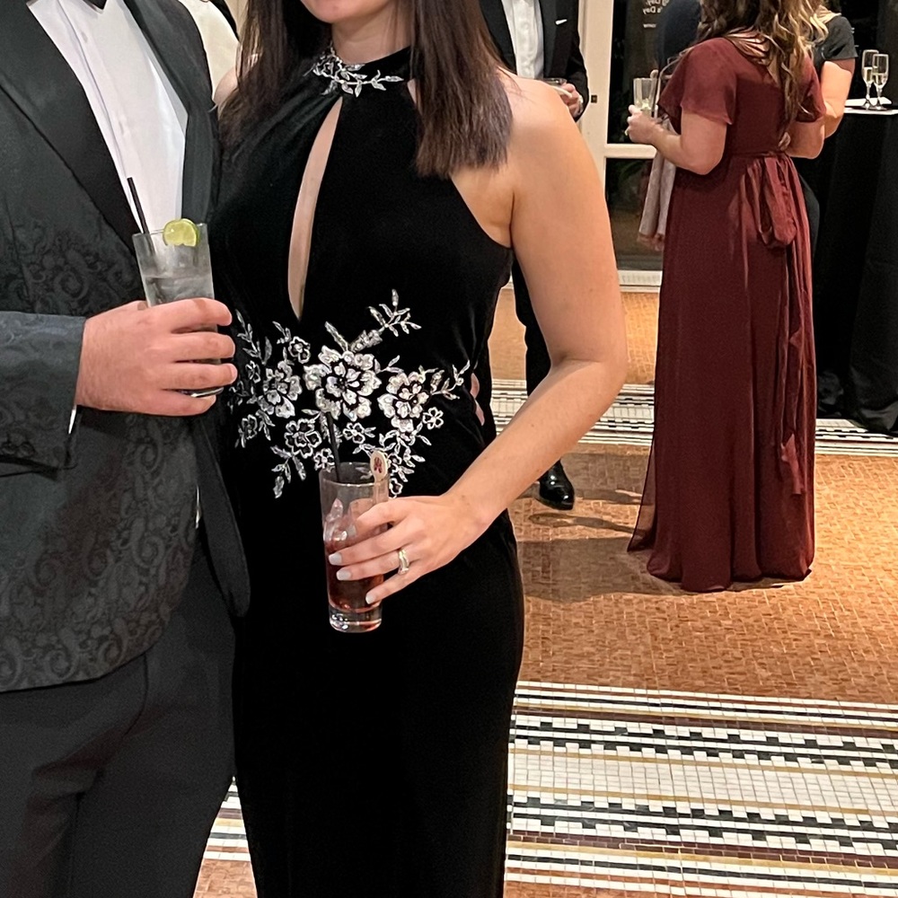 Basix Black Label Black Velvet Embroidered Rhinestone High Slit Formal Gown